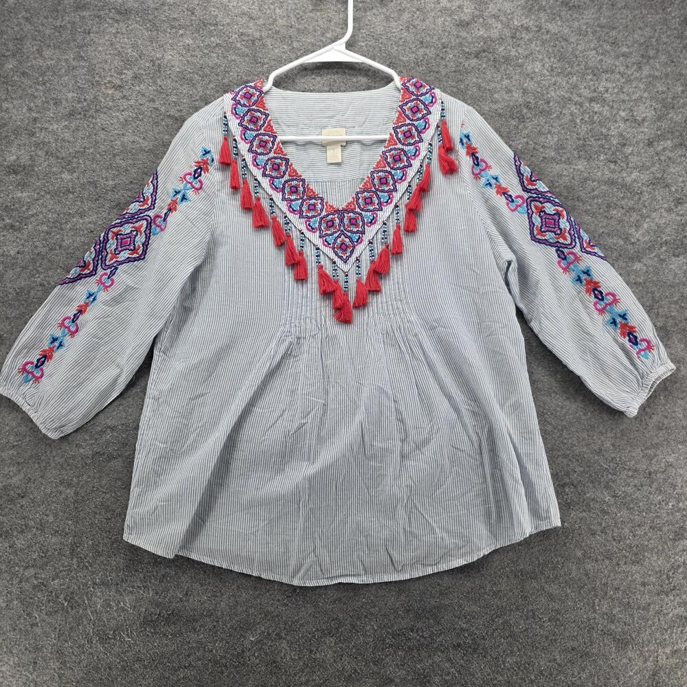 Chico's Shirt Womens Medium Blue White Stripe Embroidered Tassel Boho V Neck 3/4